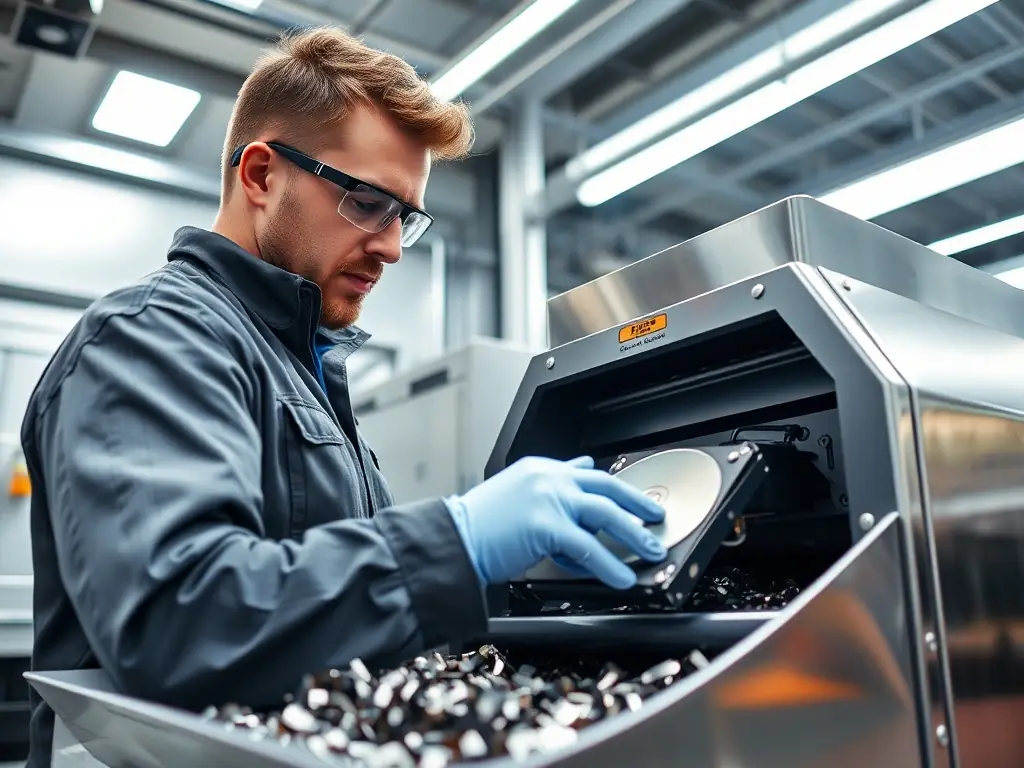 A professional in a clean, modern facility securely destroying data on a hard drive, emphasizing OCM Canada's commitment to data security during IT asset recovery.