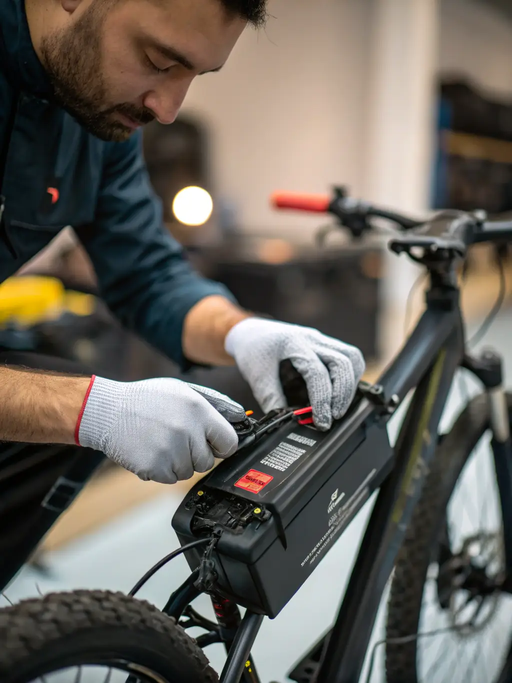 A close-up shot of a technician carefully disassembling an EV battery module in a controlled environment, showcasing the initial steps of the recycling process at OCM Canada.