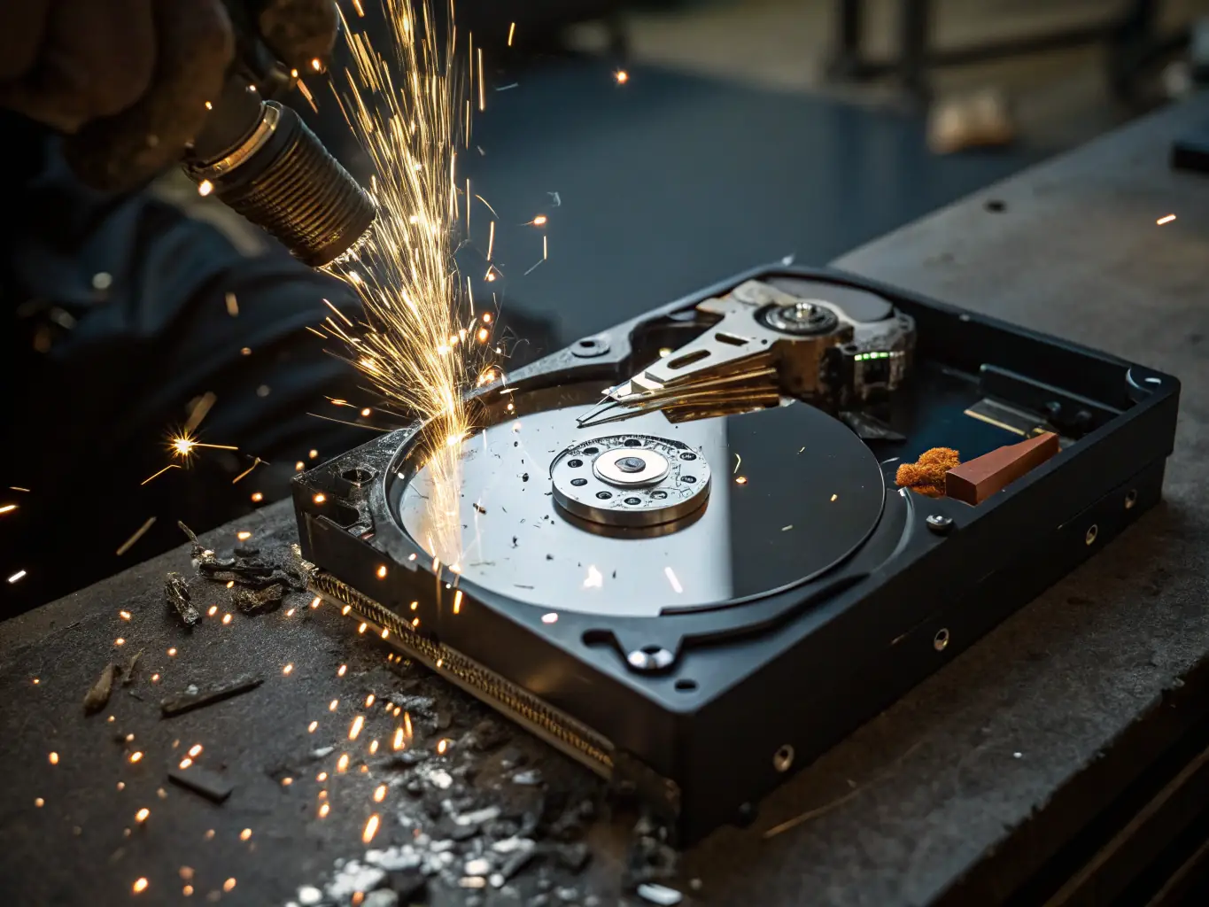 A photograph showcasing a secure data destruction process, such as shredding or degaussing hard drives, with a focus on the equipment and the controlled environment.