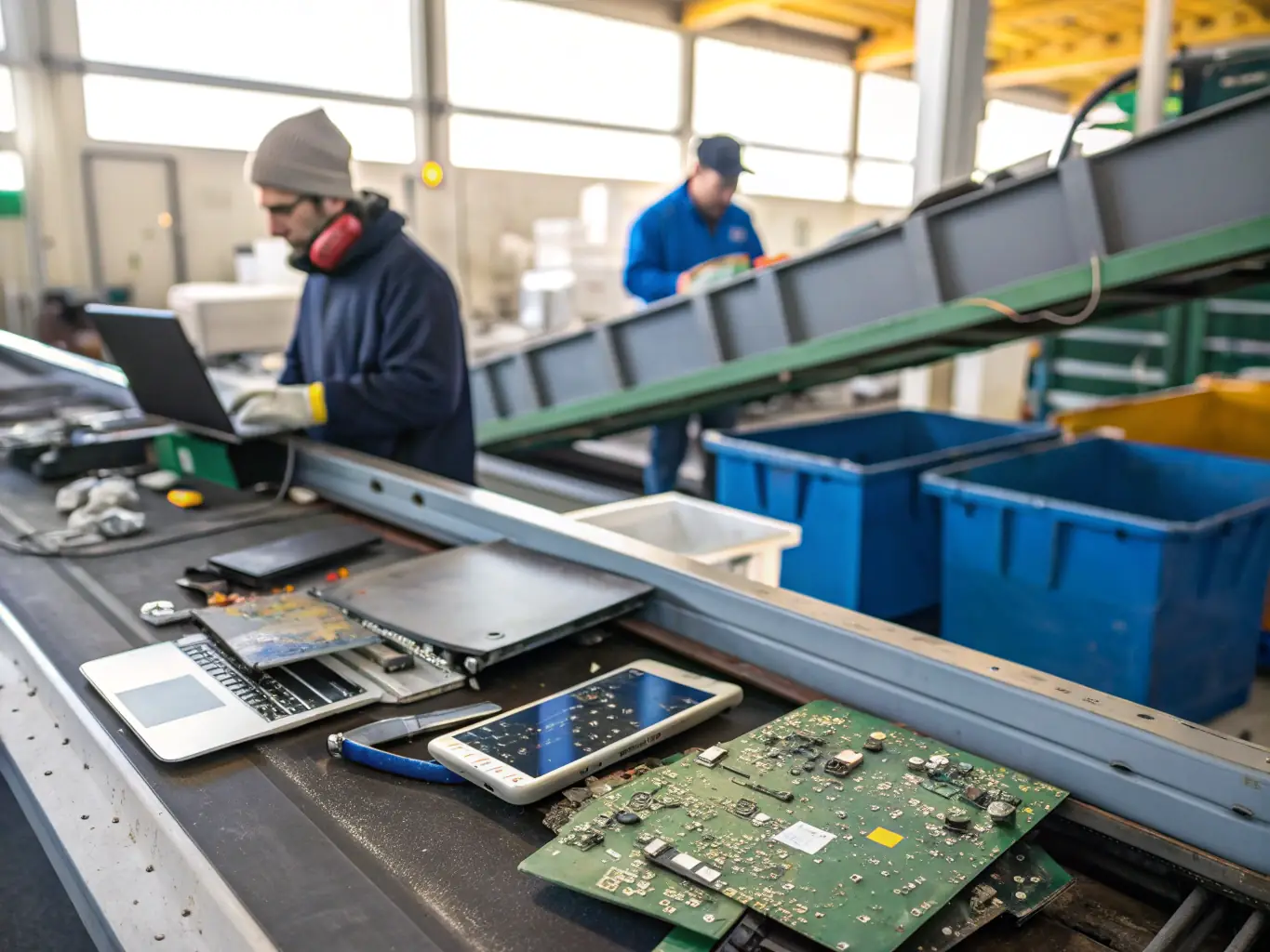 An image of recycled IT components being processed in a modern recycling facility, highlighting the responsible disposal and material recovery aspects of the process.